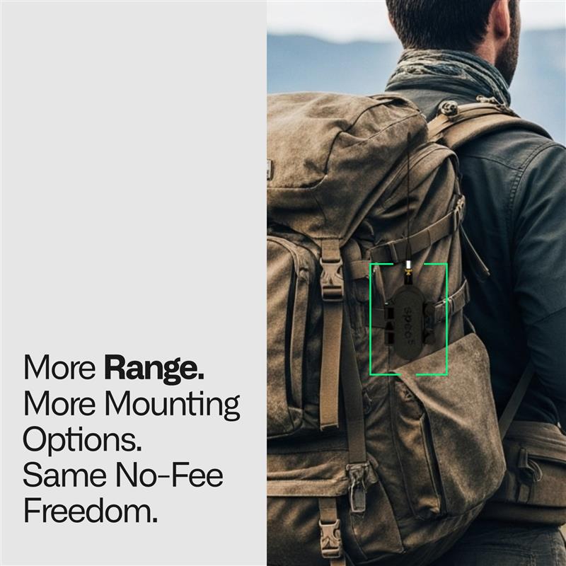 Person wearing a brown backpack with text about range, mounting options, and freedom.