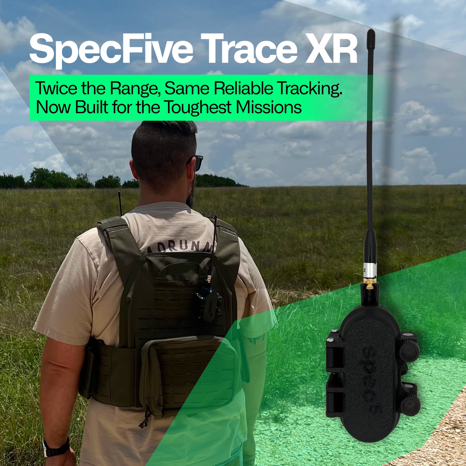 Person wearing a backpack with SpecFive Trace XR device, set against a natural landscape.